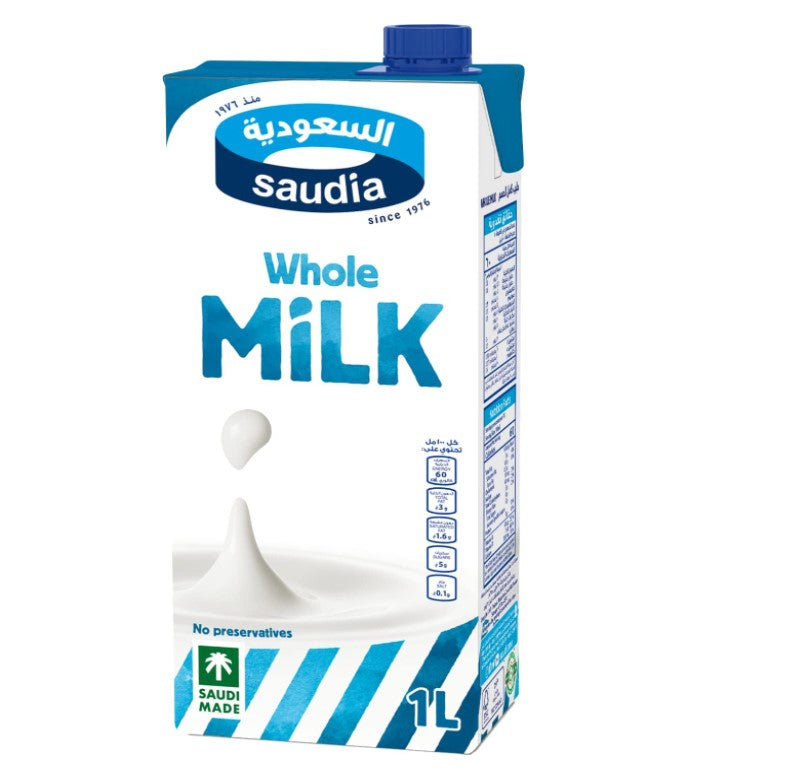 Saudia Whole Milk - 12 x 1 Liter Cartons